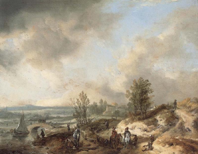 Philips Wouwerman A Dune Landscape with a River and Many Figures oil painting picture
